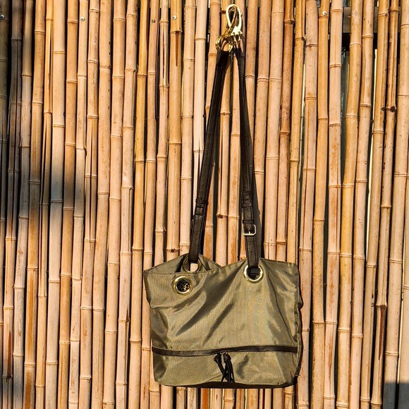 BRACIANO Olive Green Nylon Tote Brown & Gold Trim - Picture 7 of 8